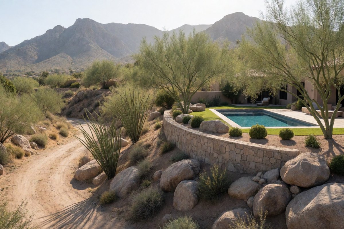 Pool on a sloped Catalina Foothills lot with boulders, desert plants and the mountains above