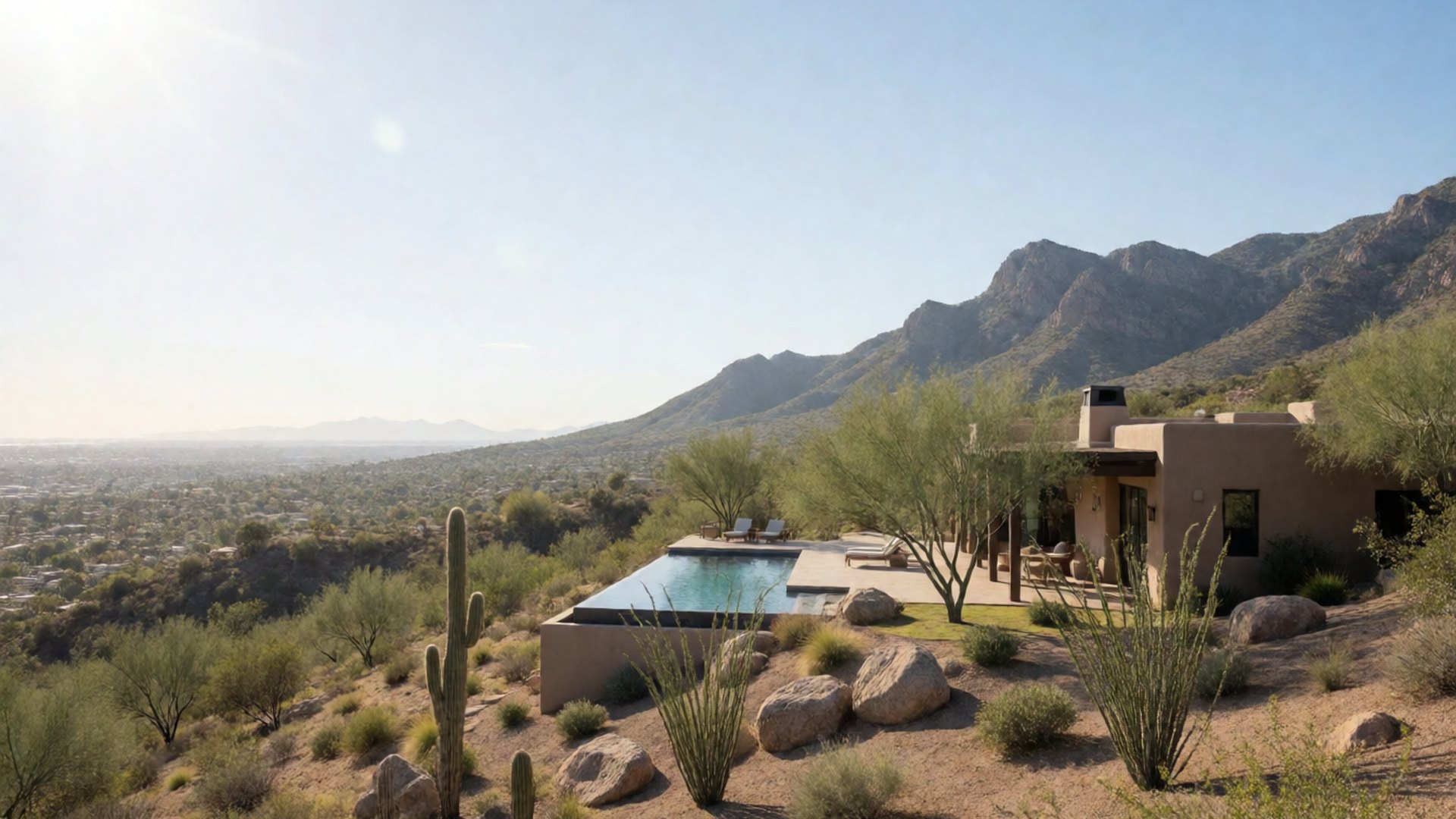Hillside backyard pool in the Catalina Foothills with the Santa Catalina Mountains close behind