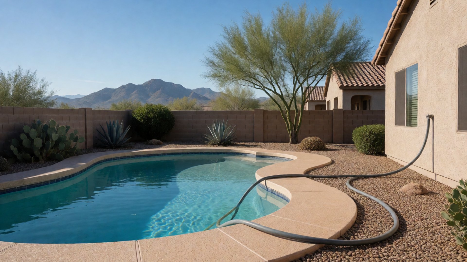 Backyard pool in Tucson with the water lowered partway, a discharge hose running across the deck toward the house, desert landscaping and mountains