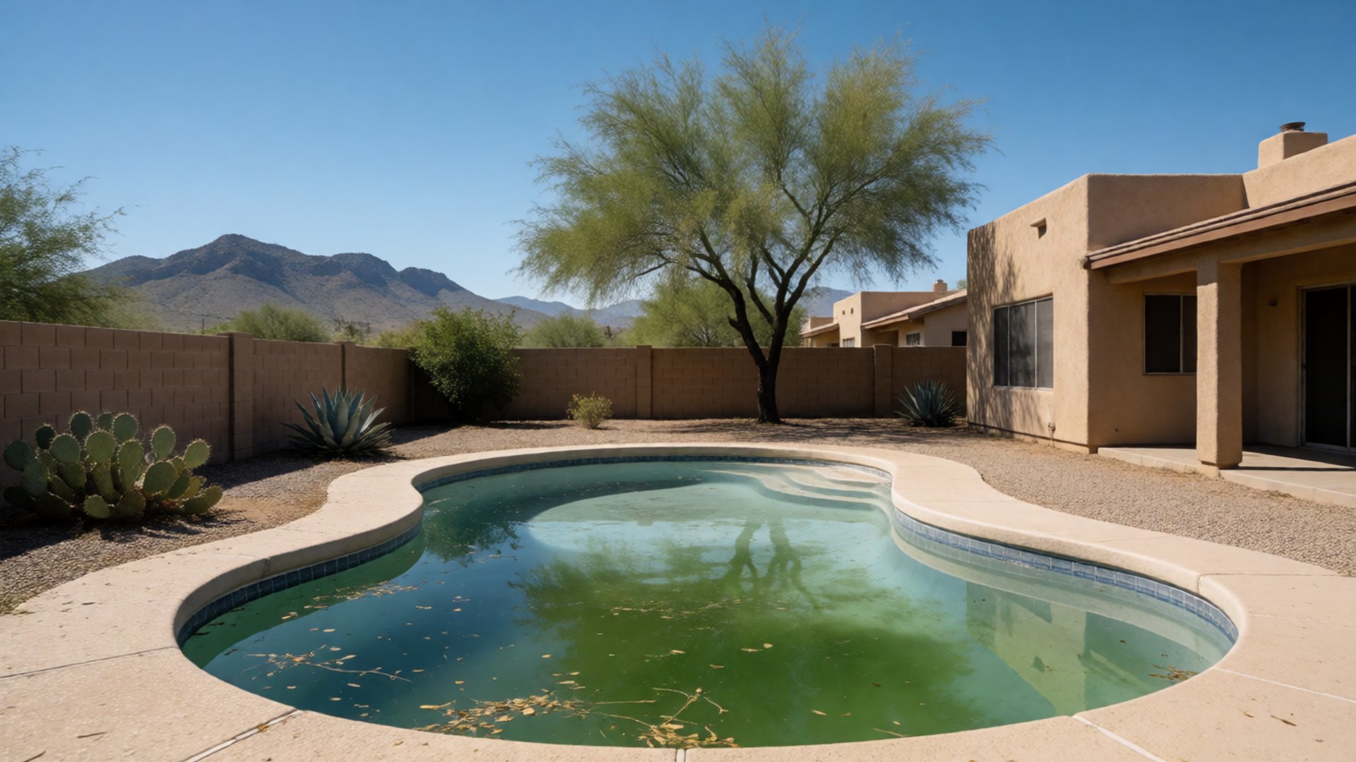 Backyard pool with murky green water and floating leaves beside a tan stucco house and gravel desert yard in Tucson