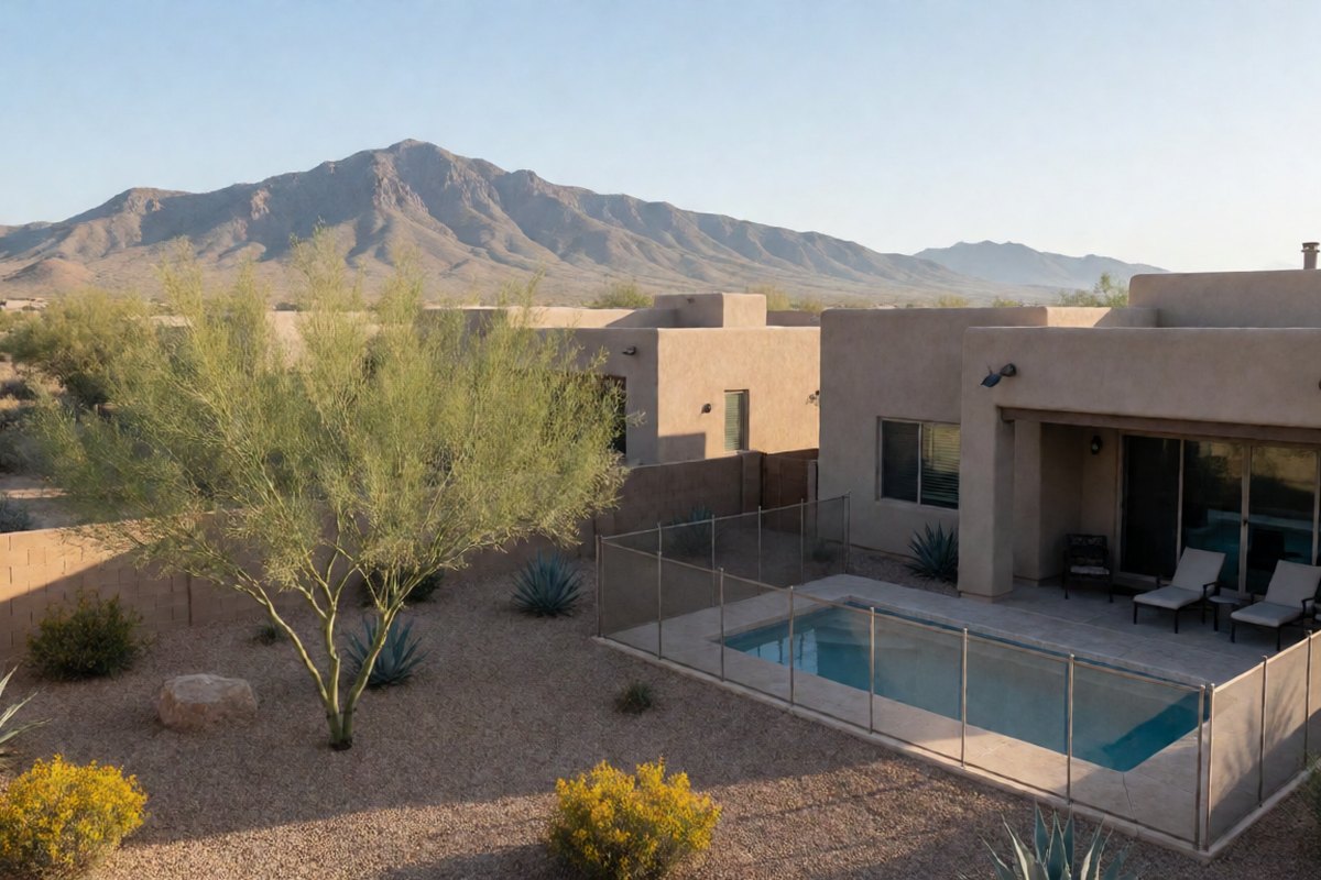 Small private pool on a Green Valley patio with desert plants and the Santa Rita Mountains on the horizon
