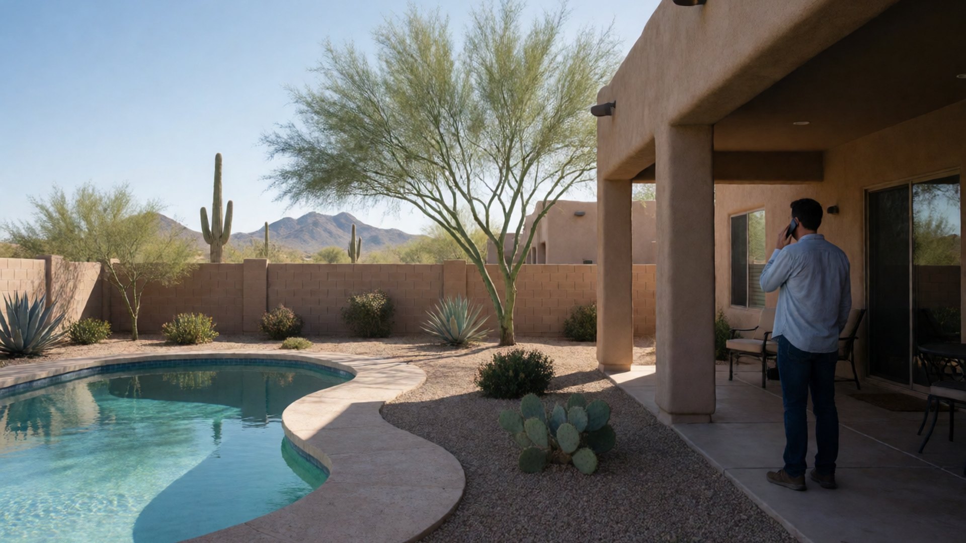 A homeowner on a phone call on a shaded patio looking at a clear backyard pool with Sonoran desert landscaping