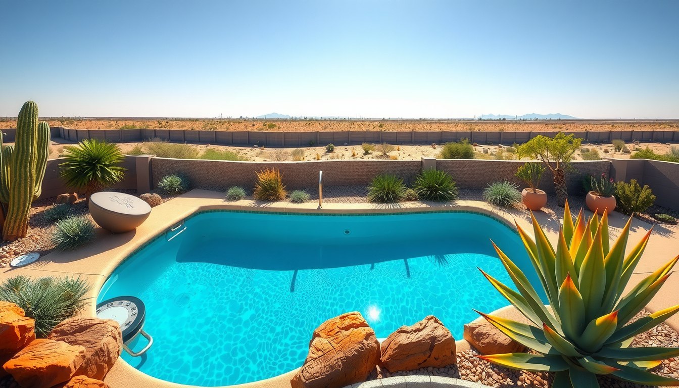 Aerial view of a kidney-shaped backyard pool with a saguaro, agaves and red boulders, open desert beyond the wall