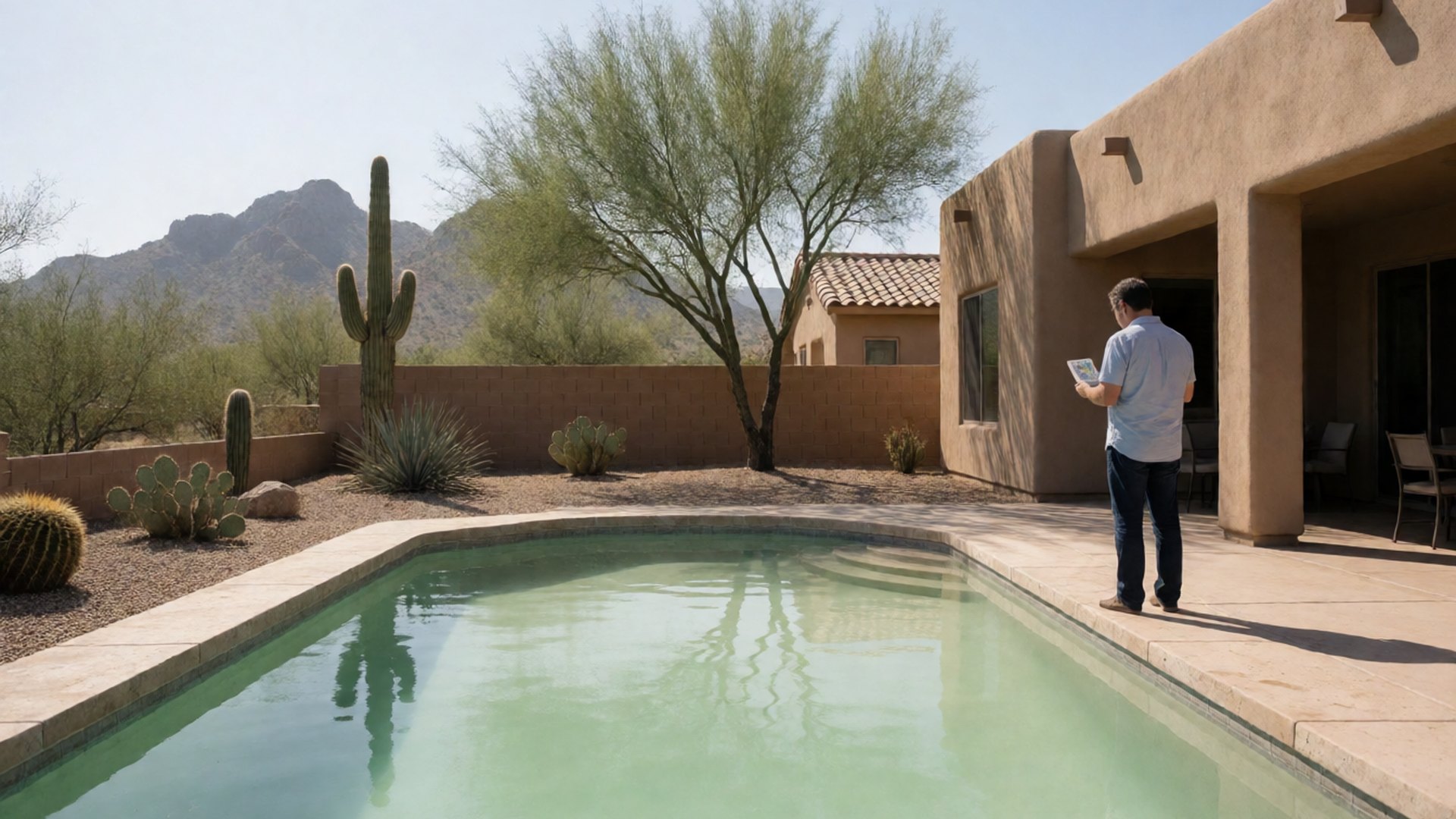 Homeowner standing at the edge of a backyard pool with pale green water, looking at it, in a Tucson desert yard