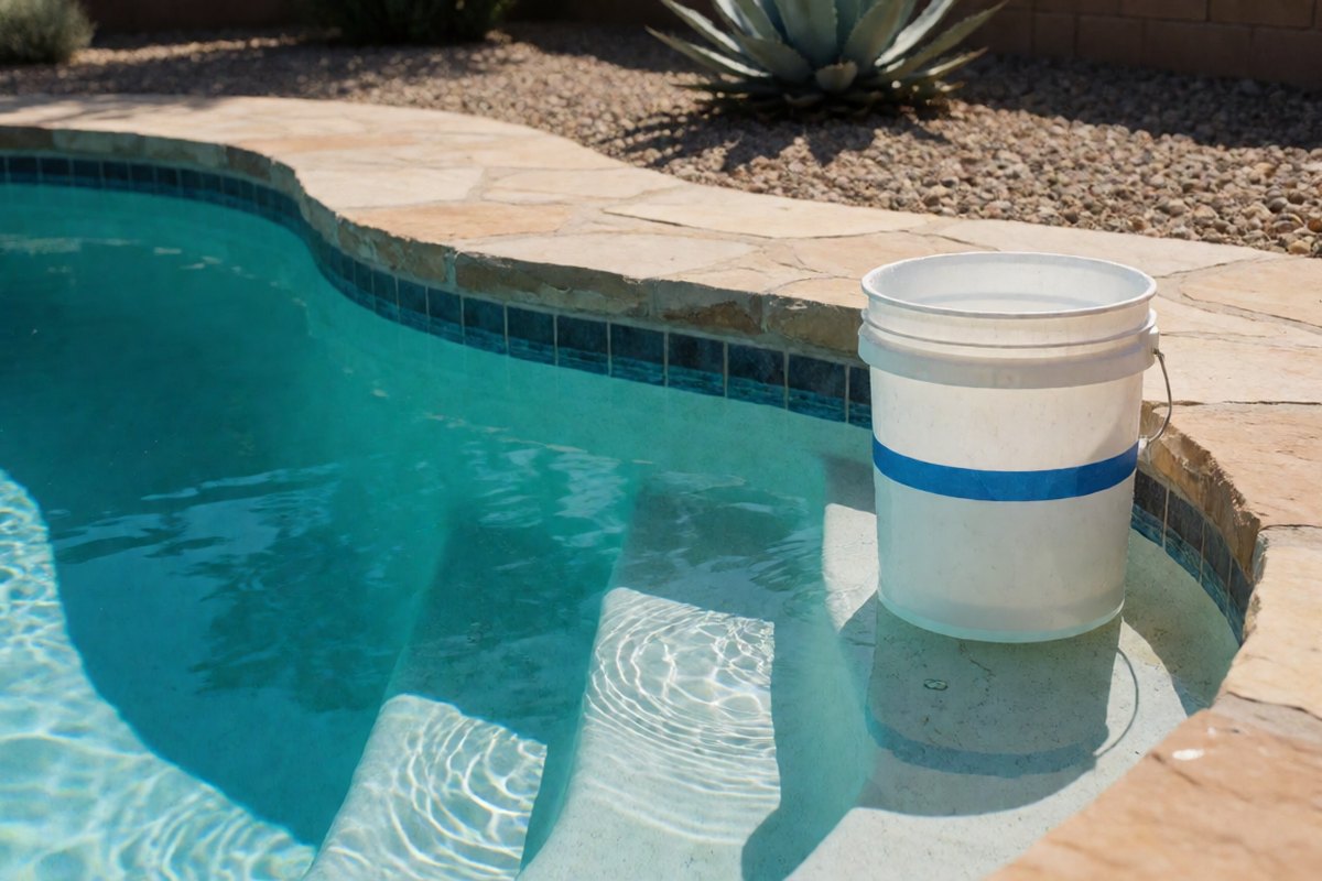 A bucket of pool water sitting on the first step of a backyard pool with a tape mark at the waterline