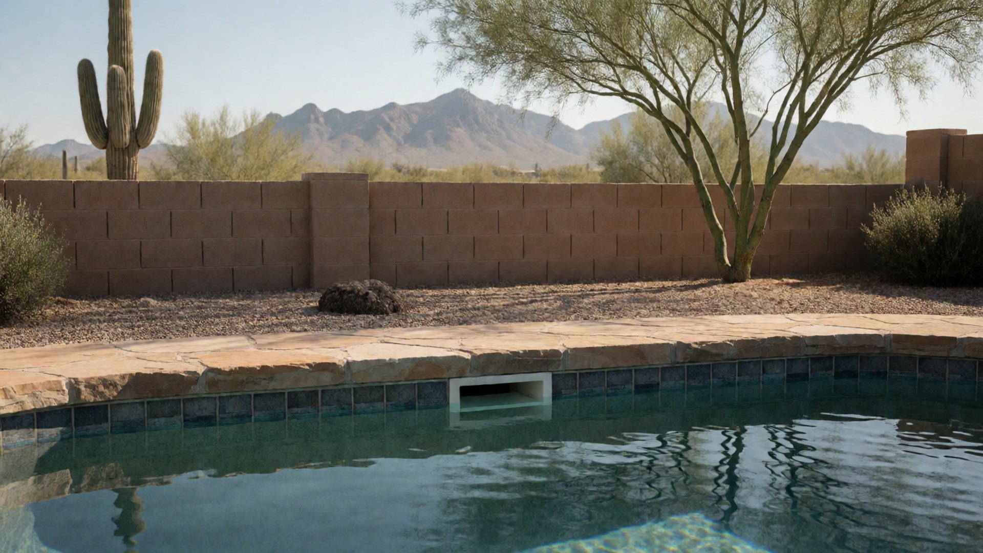 Water level line along the tile of a backyard pool in Tucson with desert landscaping and mountains behind