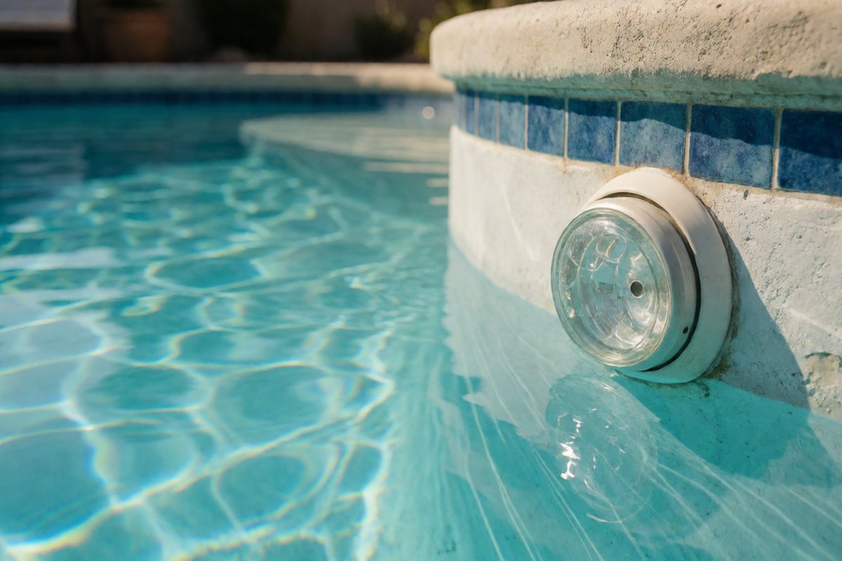 Close view of an underwater pool light set in the wall of a pool with clear blue water