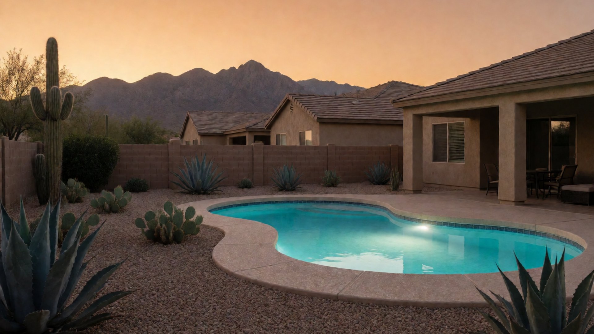 Backyard pool glowing from an underwater light at dusk beside a stucco house and desert plants in Tucson