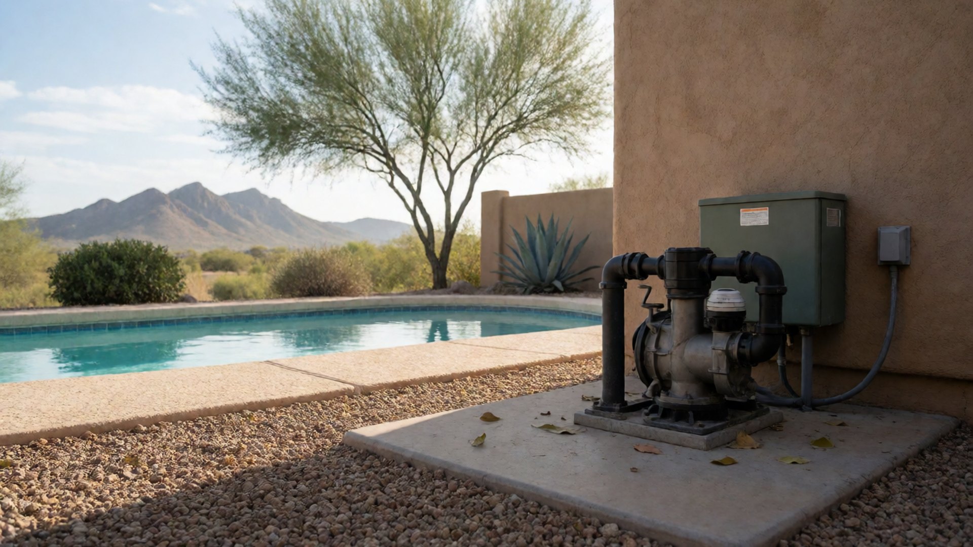 Quiet pool pump on a sunlit equipment pad beside a still Tucson backyard pool with desert landscaping