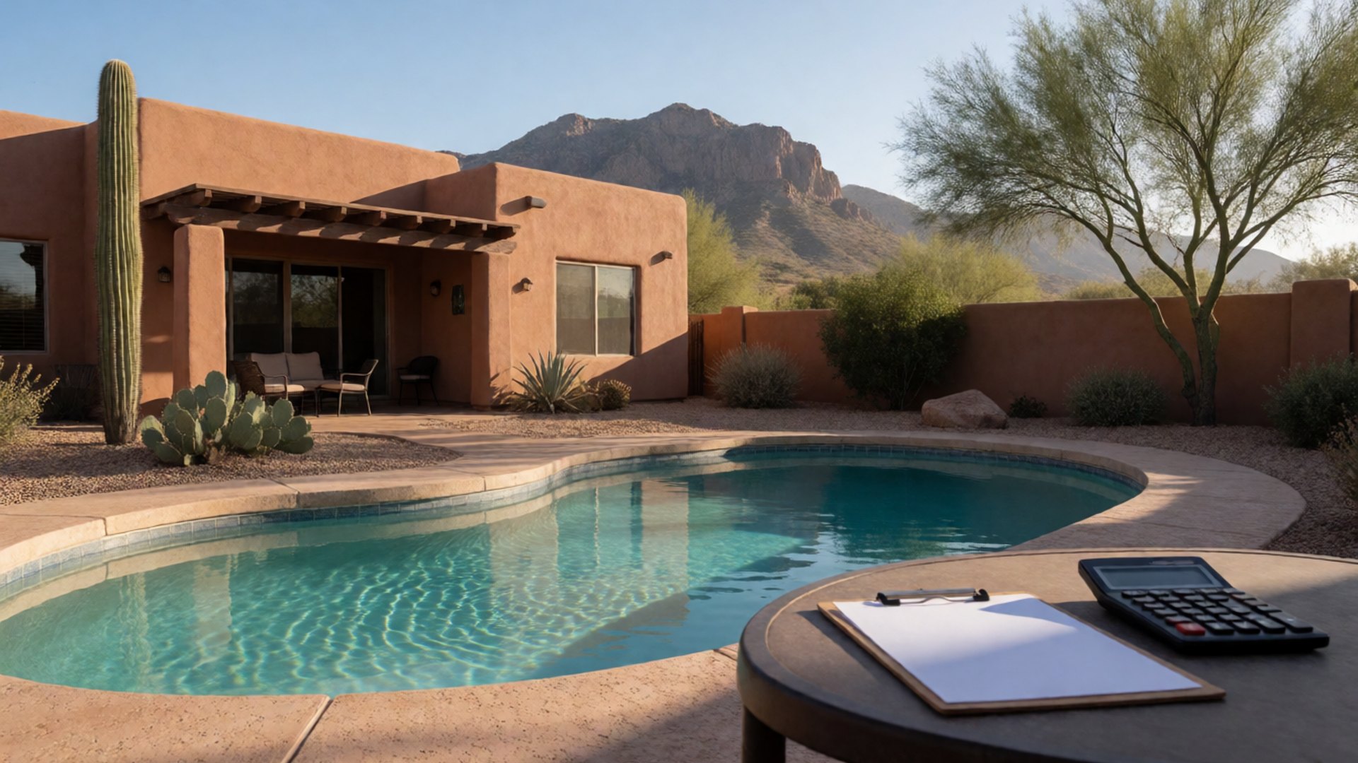 Clipboard and calculator on a shaded patio table next to a clear backyard pool with desert landscaping in Tucson