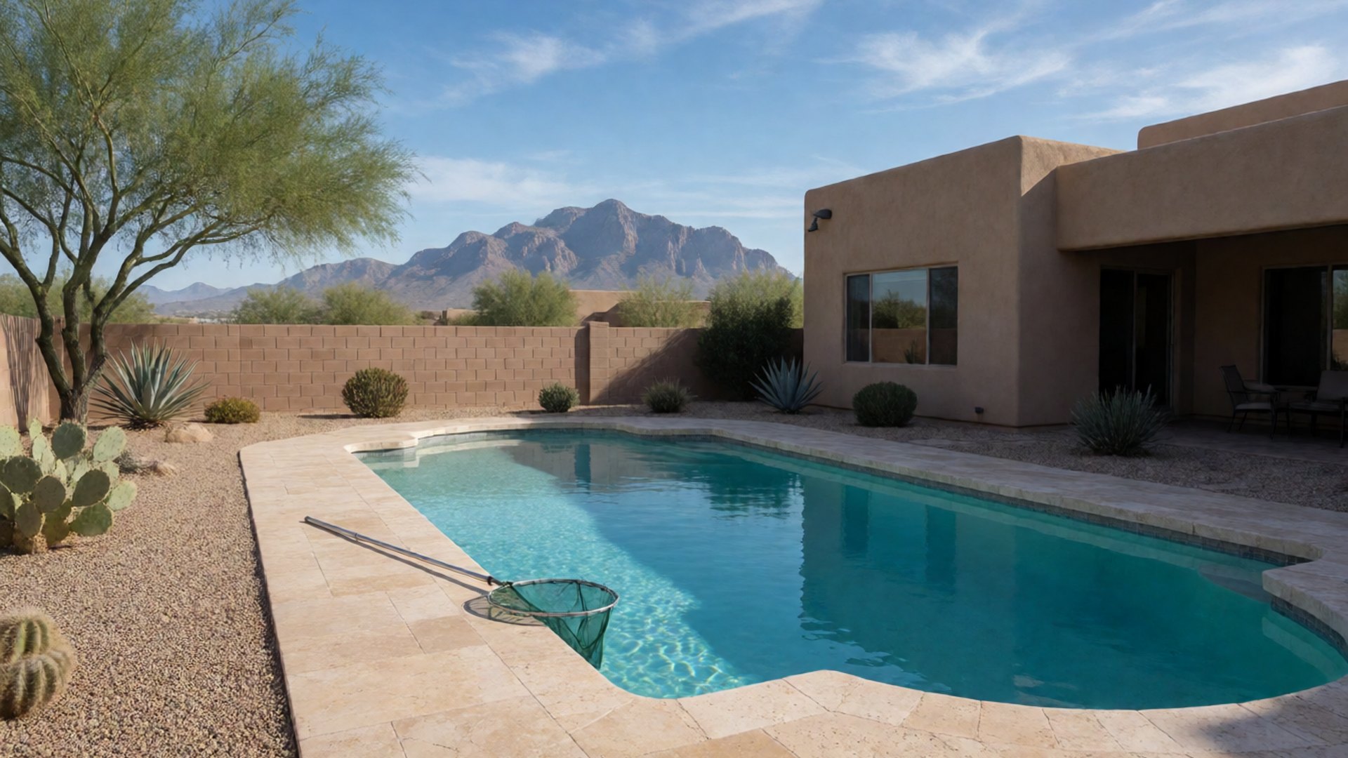 Clear turquoise backyard pool with a leaf net resting on the deck, a tan stucco home and desert landscaping in Tucson