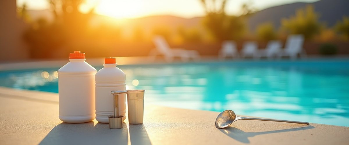 Two white pool chemical jugs and a water test cup on a pool deck at sunset