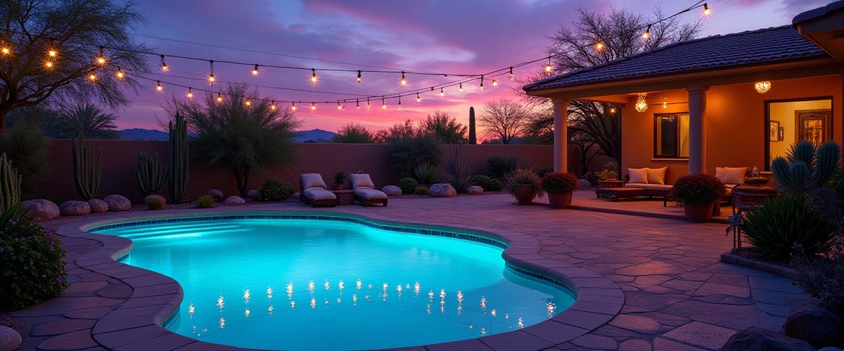 Sparkling residential swimming pool in Tucson with the Santa Catalina Mountains and desert landscaping in the background