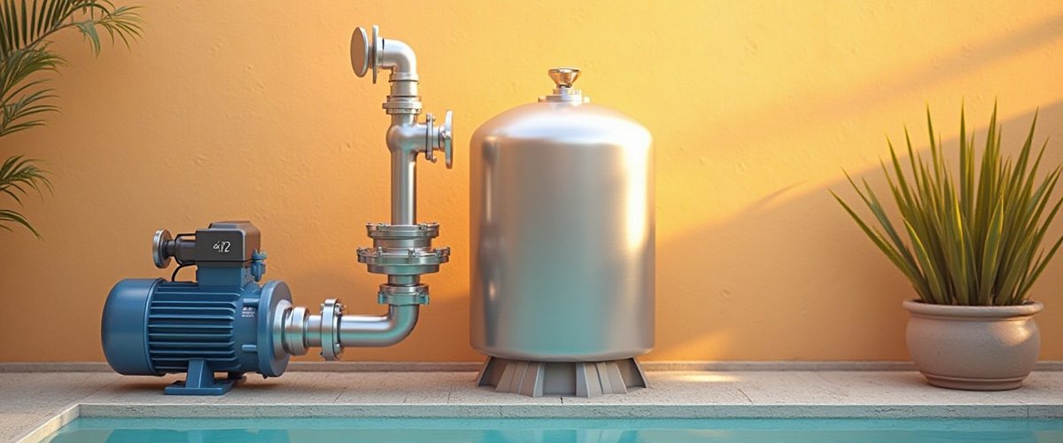 Pool pump with plumbing beside a tall filter tank against a sunlit stucco wall