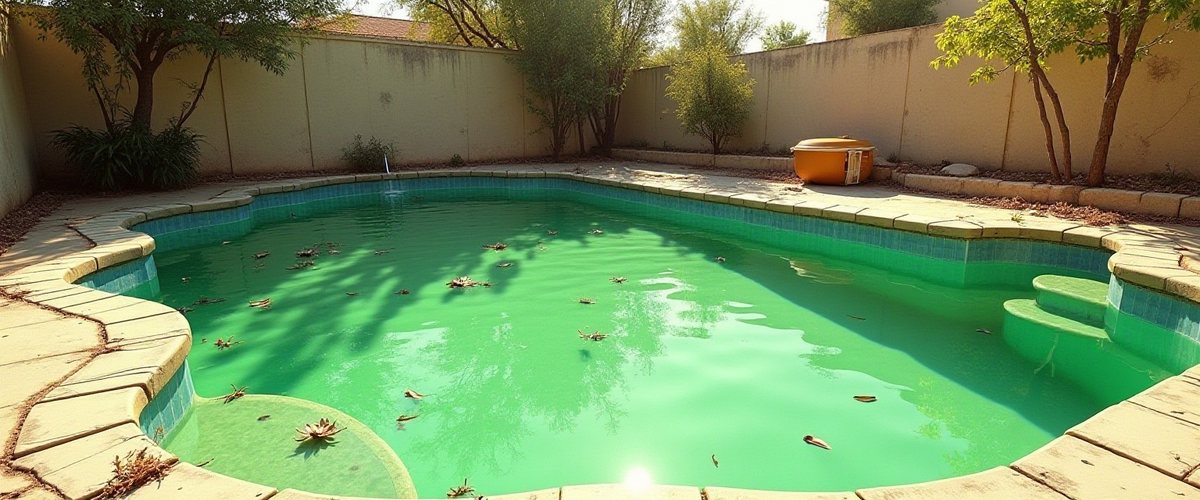 Backyard pool with green water and leaves on the surface beside a block wall