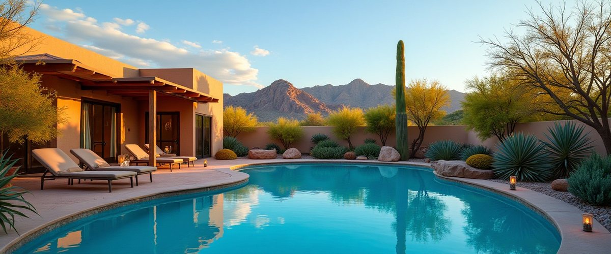 Tucson pool technician inspecting pool equipment with the Santa Catalina Mountains in the background