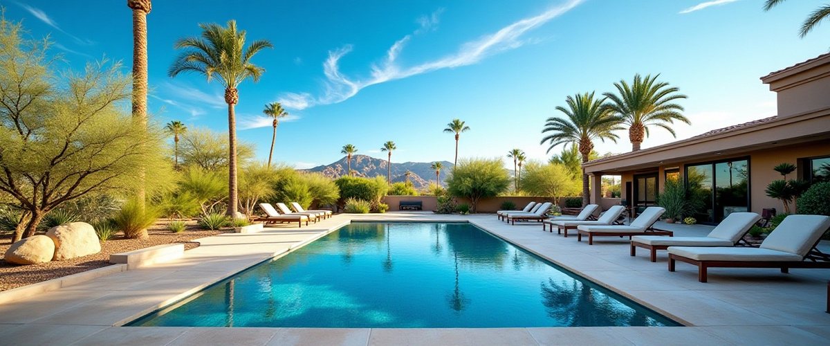 Crystal clear residential pool with clean waterline tile and desert landscaping in Tucson