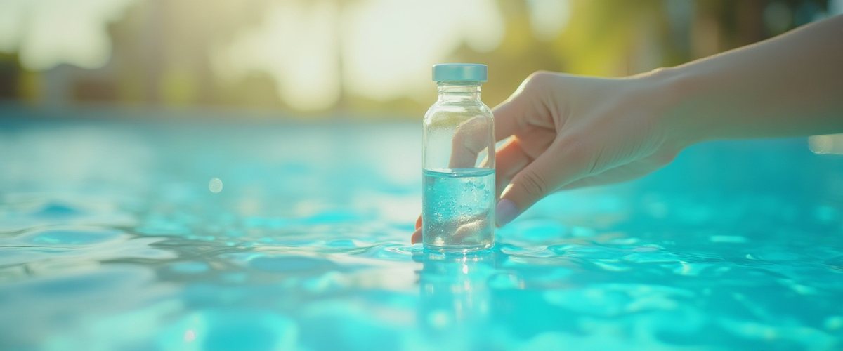 Hand holding a water sample vial at the surface of a pool to check the chemistry