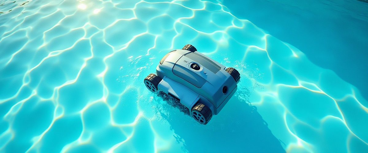 Robotic pool cleaner moving across a sunlit pool floor in clear water