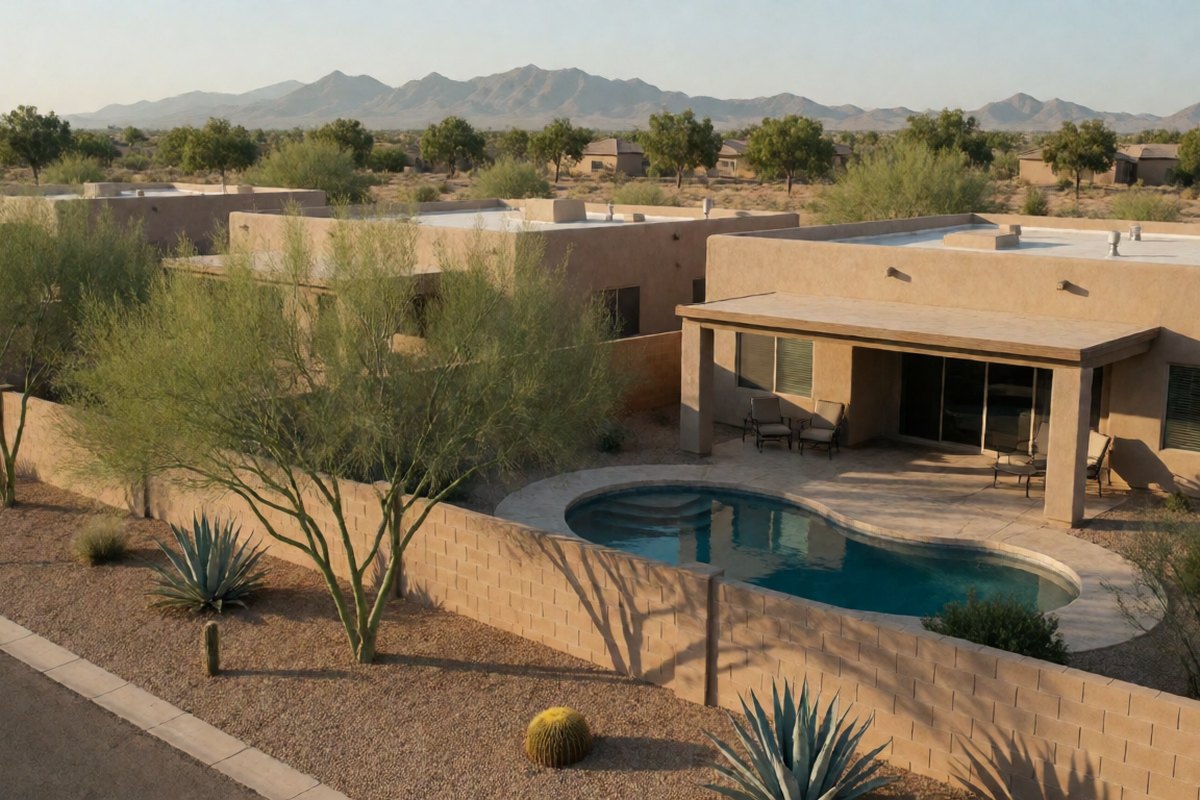 Backyard pool in a Sahuarita neighborhood with palo verde trees and the Santa Rita Mountains in the distance