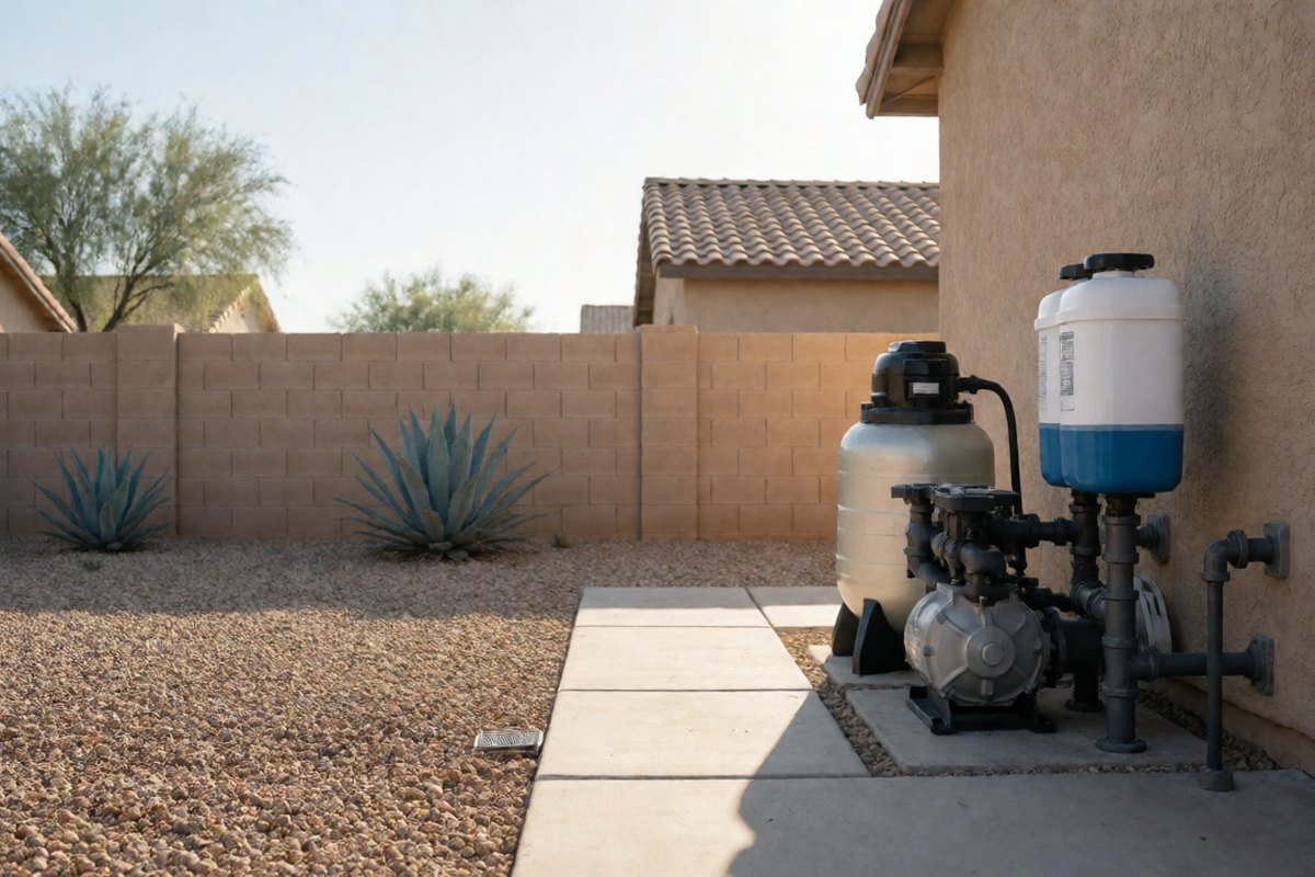 Clear salt chlorine cell on the return line of a pool equipment pad beside a stucco wall