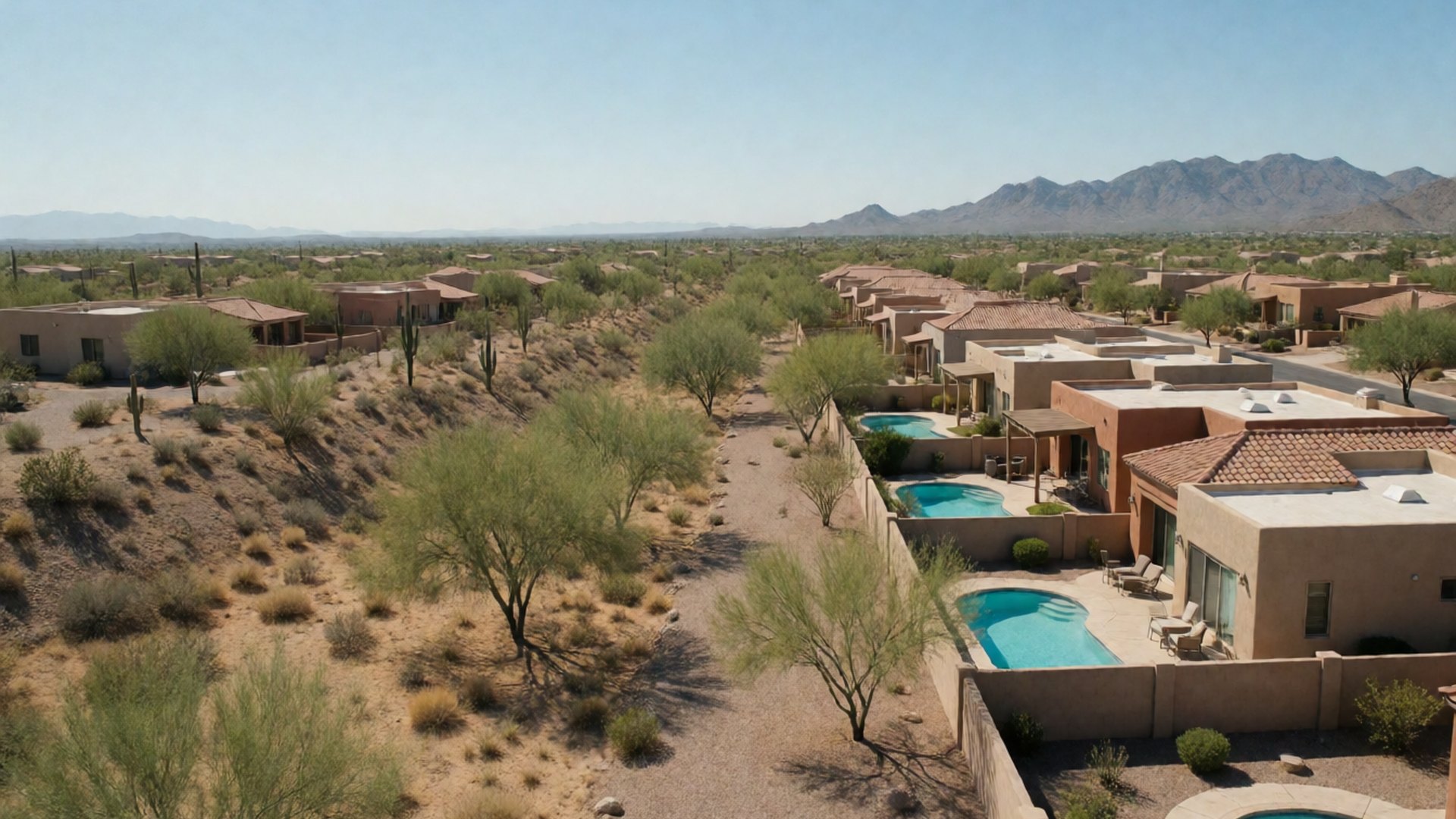 A wide view over Tucson-area homes with backyard pools, desert trees and the Santa Catalina Mountains