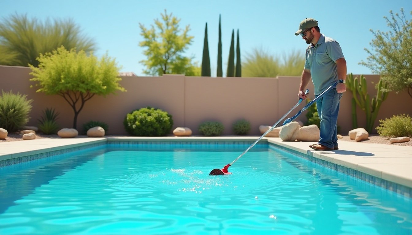 Pool technician cleaning a pool in Tucson