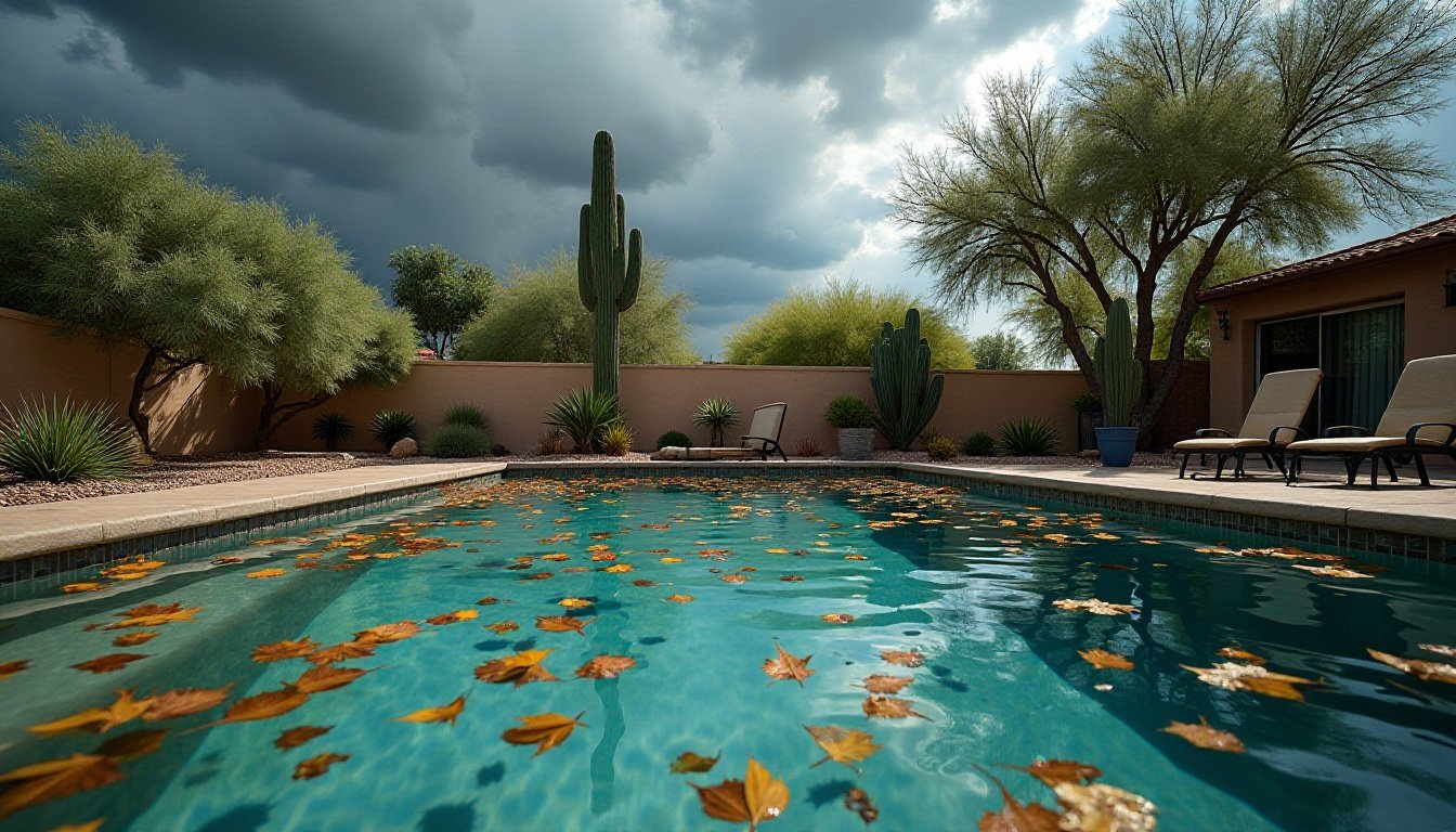 Skimming leaves and debris from a pool surface after a monsoon storm in Tucson