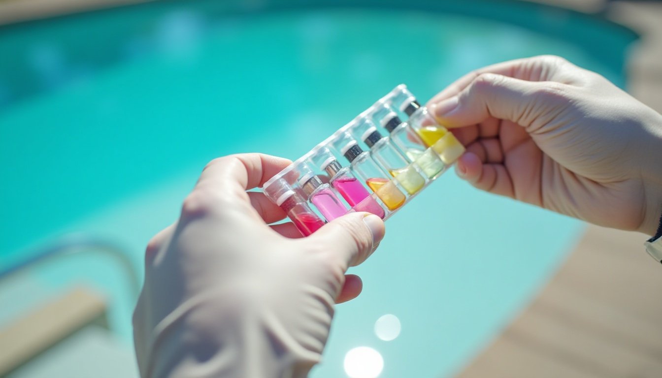 Pool technician testing water chemistry with a test kit beside a residential pool in Tucson