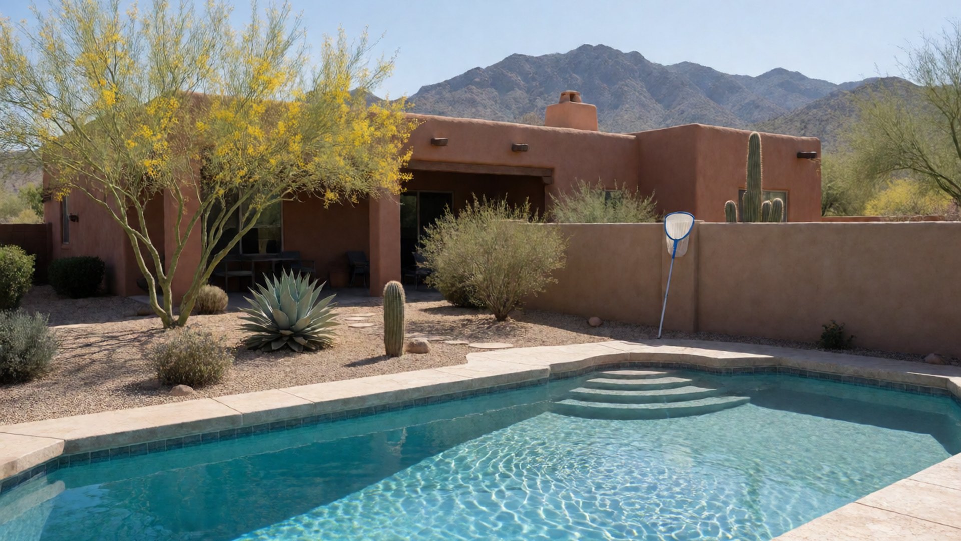Clear blue backyard pool on a bright morning with a stucco home, gravel landscaping and the Santa Catalina Mountains behind