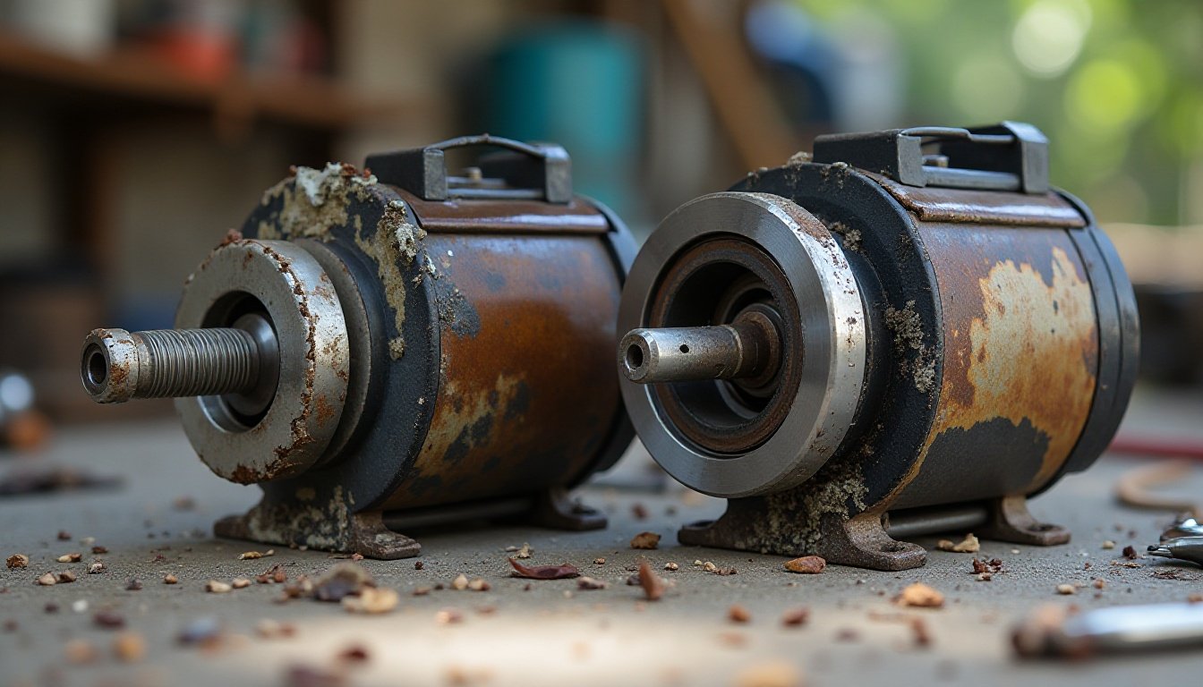 Close-up of worn pool pump motor bearings removed during a repair on a Tucson pool deck