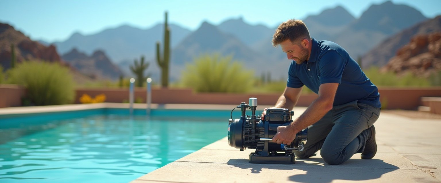 Pool repair technician working on equipment in Tucson