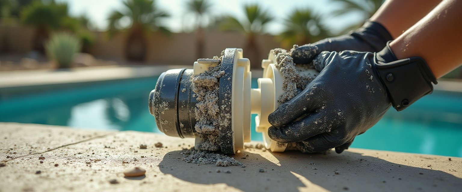 Calcium-scaled pool pump housing opened for inspection on a Tucson pool deck