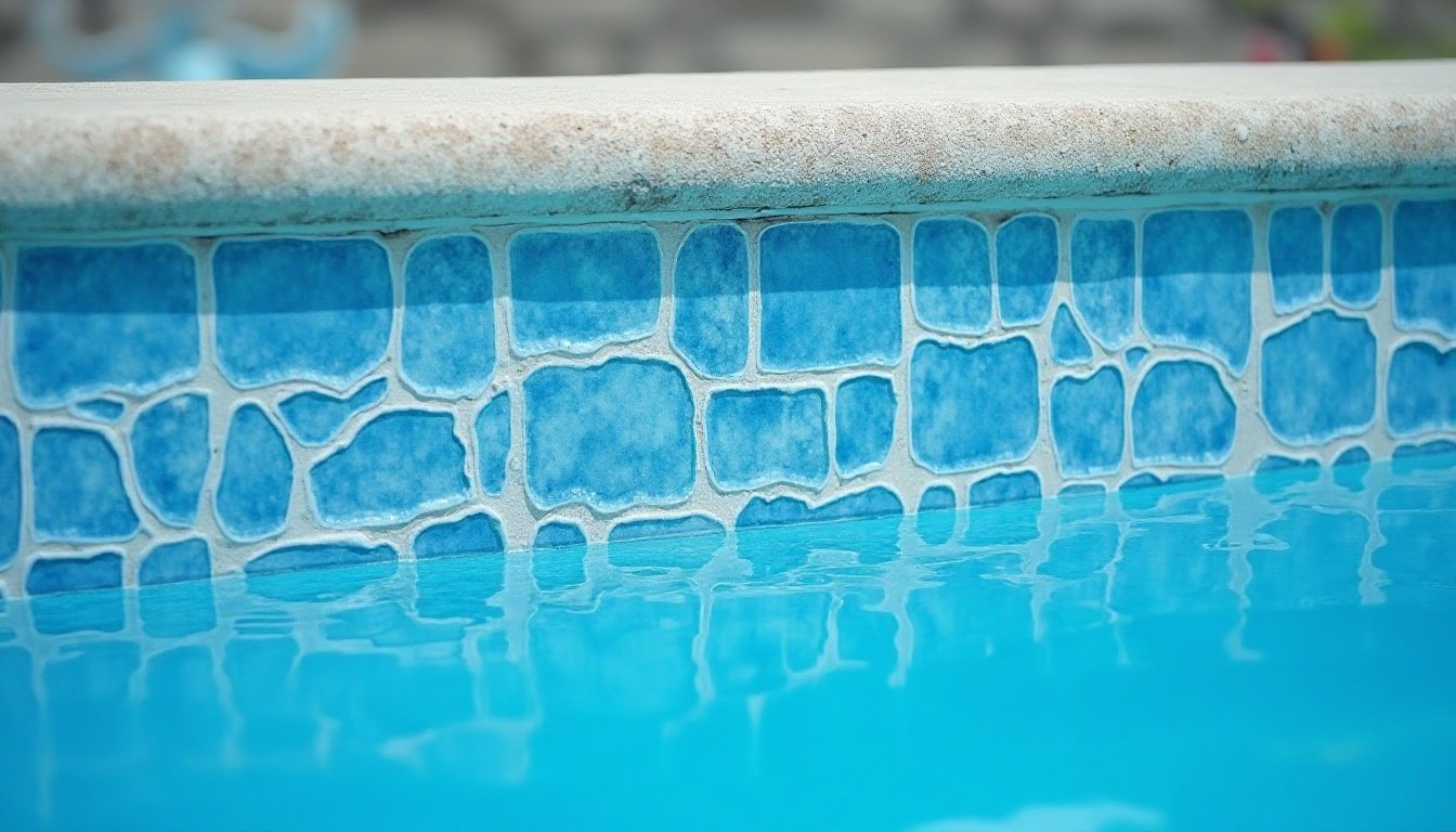 Restored pool waterline tile with clear blue water after professional media blasting in Tucson