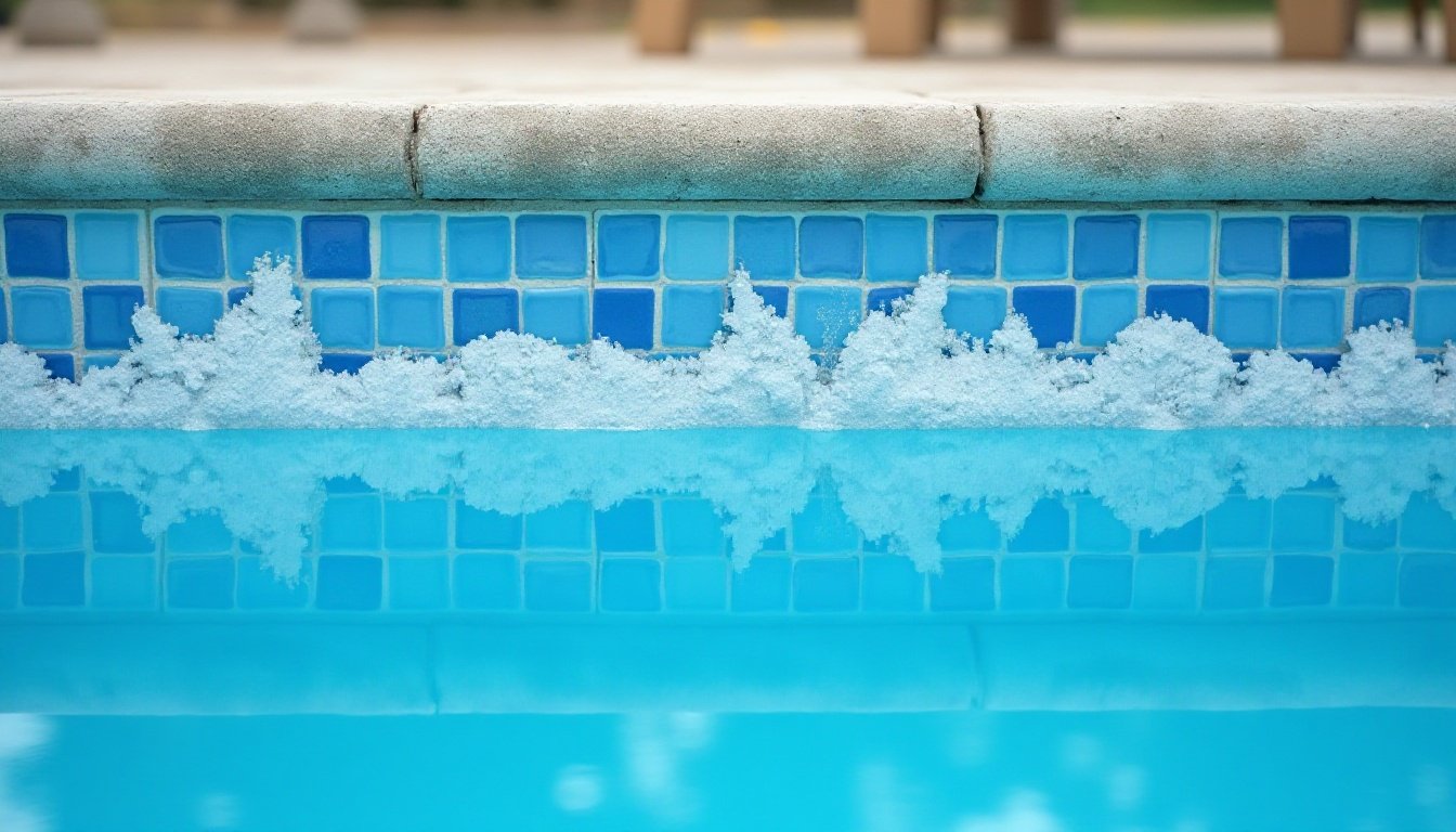 Heavy white calcium scale buildup on waterline pool tile in Tucson before cleaning