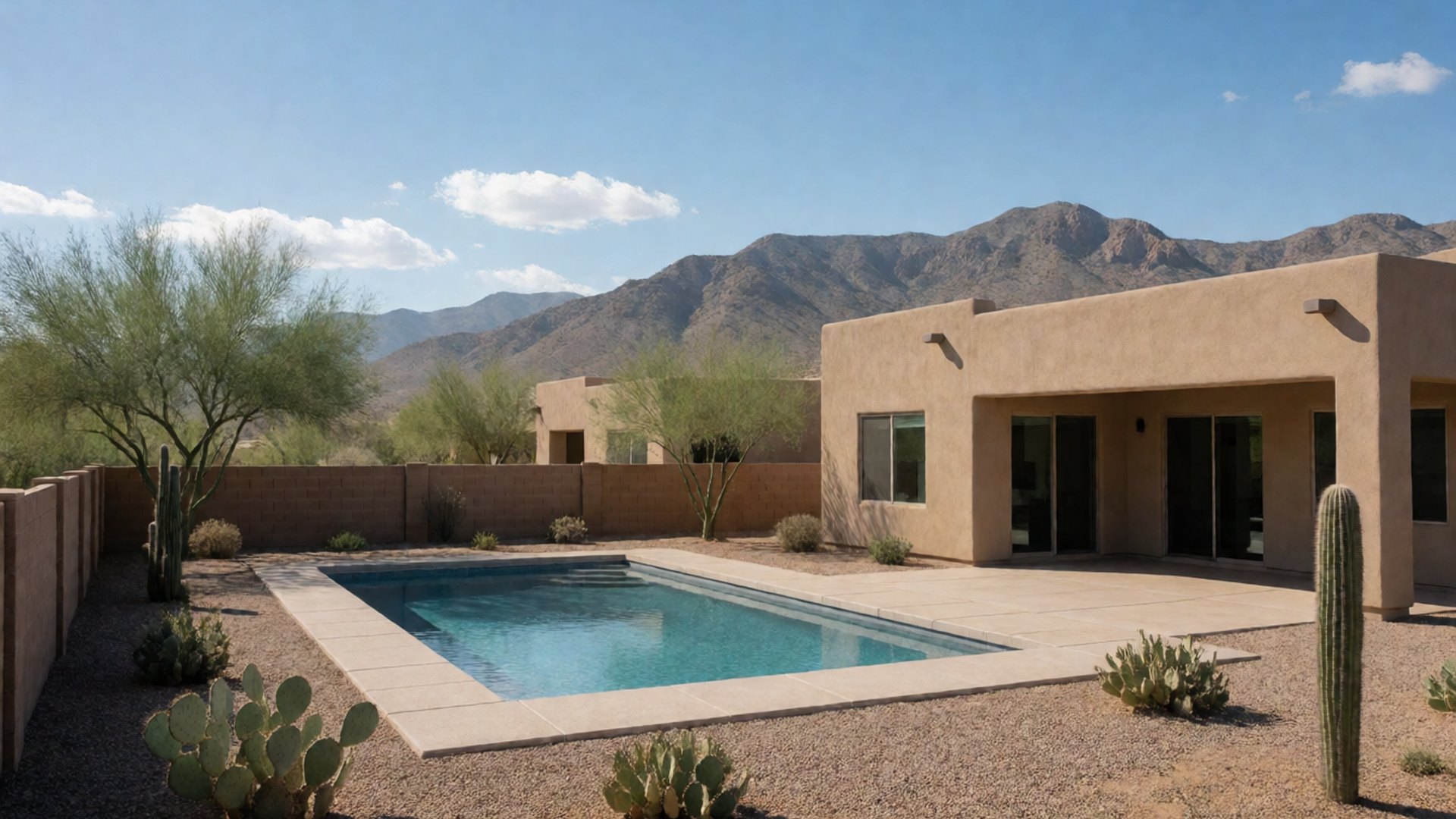 Backyard pool behind a stucco home in Vail with the Rincon Mountains rising beyond the desert