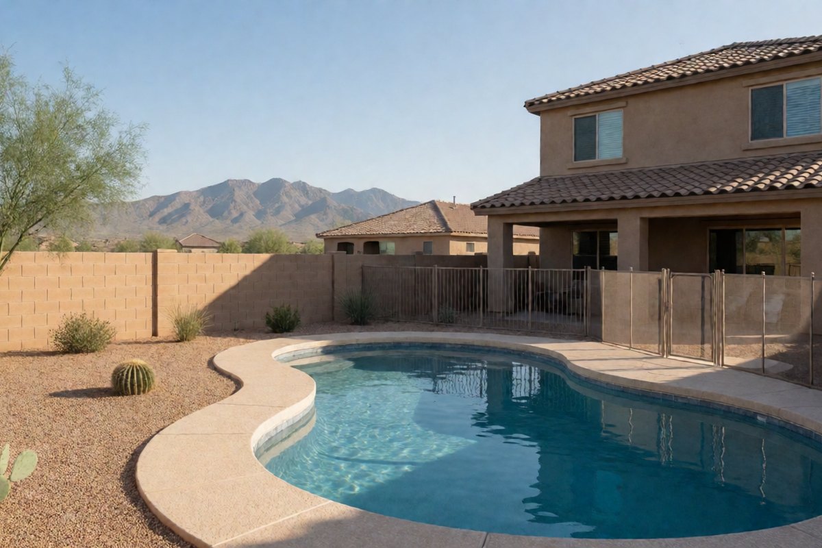 Family backyard pool in Vail with a block wall, desert trees and the Rincon Mountains behind